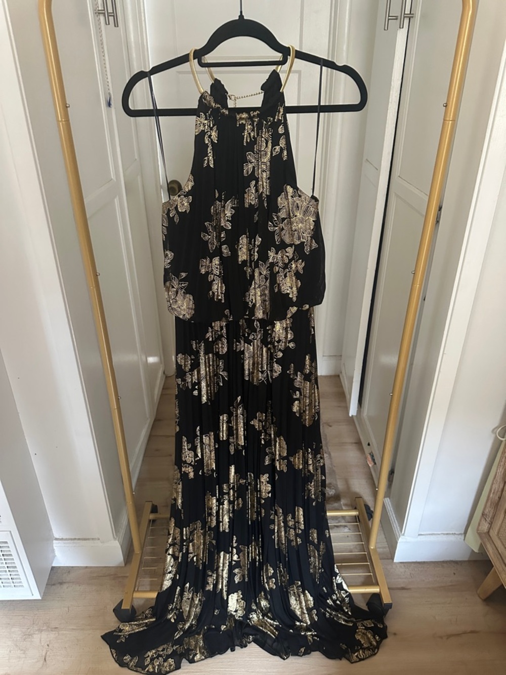 MSK Black Maxi Dress with Gold Floral Print